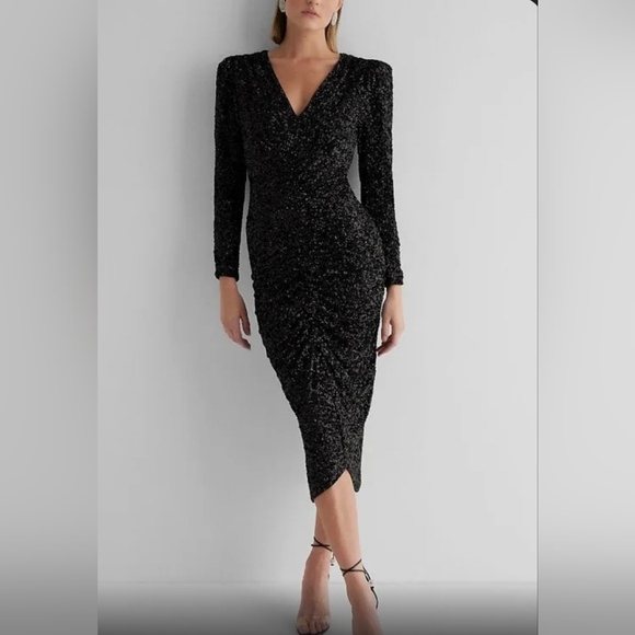 NWT!Express Sequin Silver V-Neck Puff Sleeve Ruched Midi Sheath Dress Size XS - Picture 5 of 15